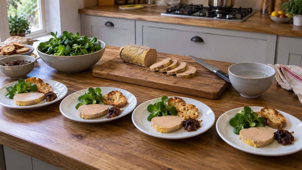 Foie gras en entrée : découpe et dressage Foie gras tranché sur une planche près d'un bol d'eau chaude, quatre assiettes en cours de dressage