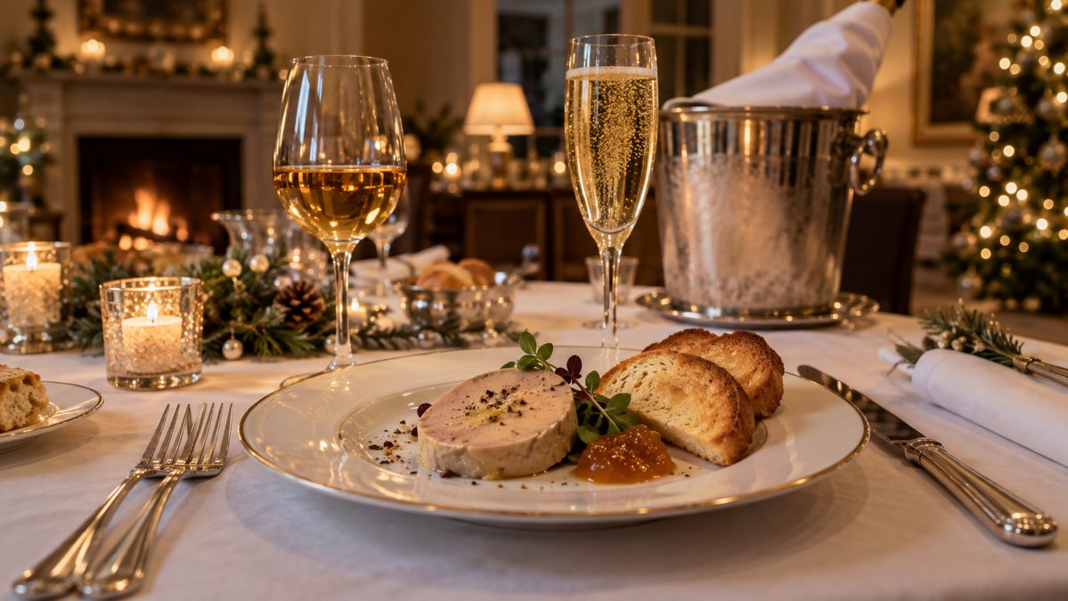 Foie gras en entrée et accord vin Assiette de foie gras à la brioche avec un verre de vin blanc moelleux et une flûte d'effervescent