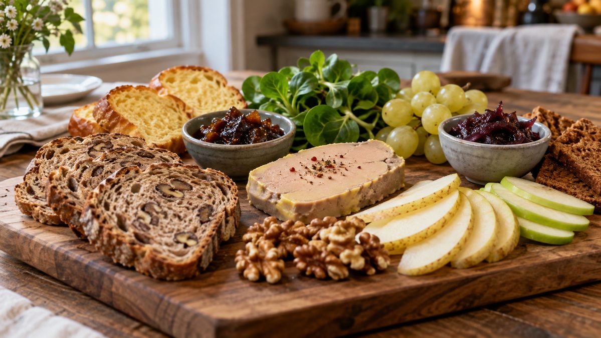 Foie gras en entrée : pains, chutneys et fruits Planche avec foie gras, pain aux noix, brioche, chutneys, poire, pomme verte, raisin et mâche