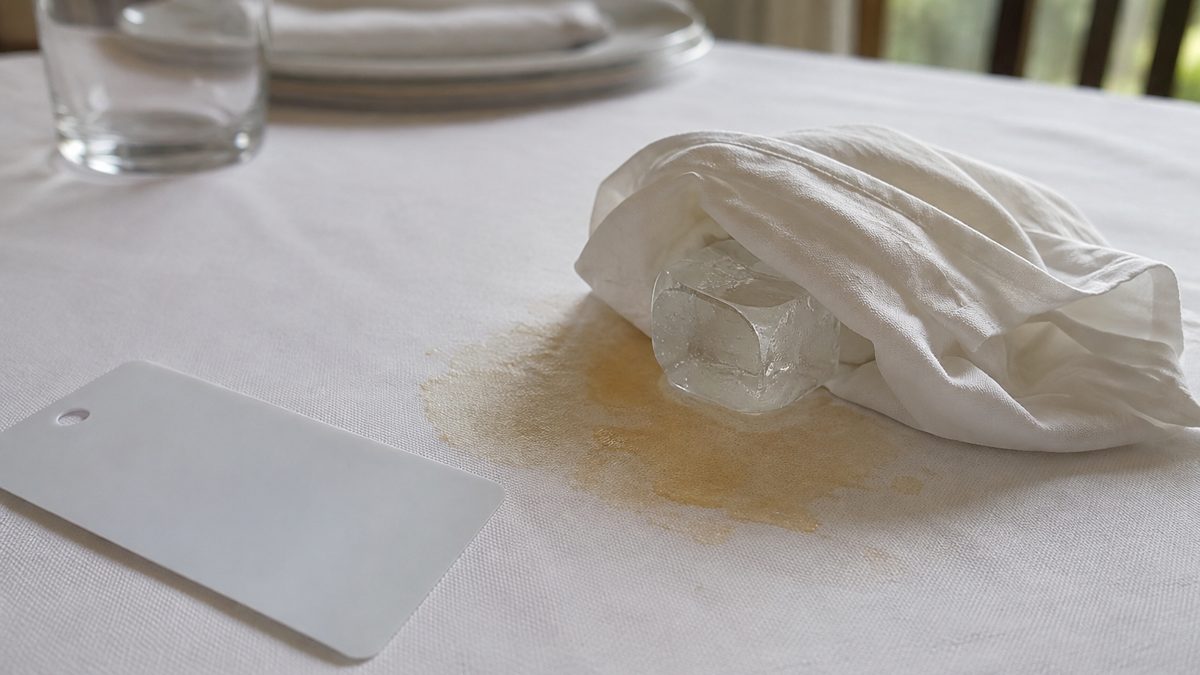 Durcir la cire au froid avant de la retirer Glaçon enveloppé dans un tissu posé sur une tache de cire durcie avant grattage