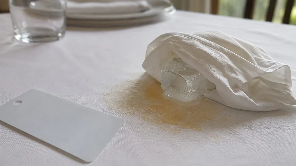 Endurezca la cera en frío antes de retirarla Antes de raspar la mancha de cera endurecida, se colocó un cubo de hielo envuelto en un paño sobre ella