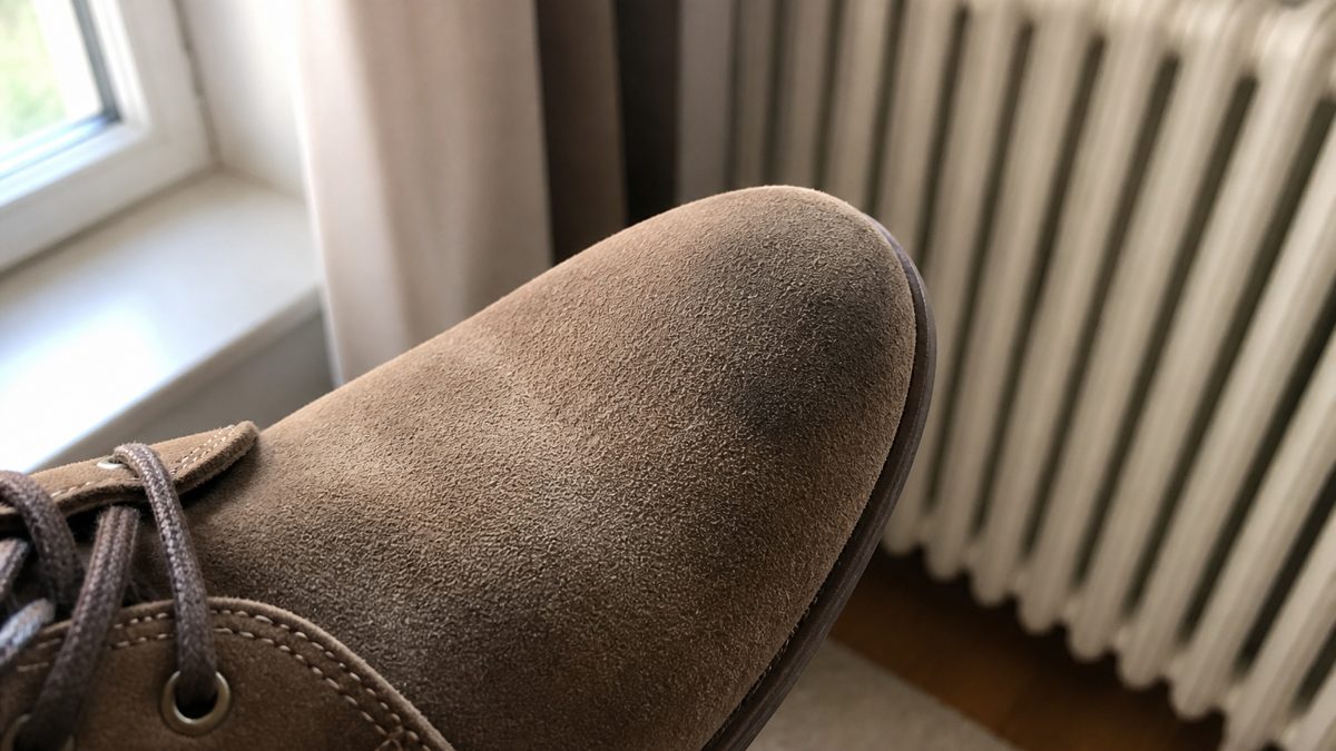 Chaussure en daim marquée après un séchage trop proche d'une source de chaleur