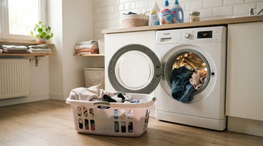 Linge blanc légèrement teinté de rose posé devant une machine à laver ouverte