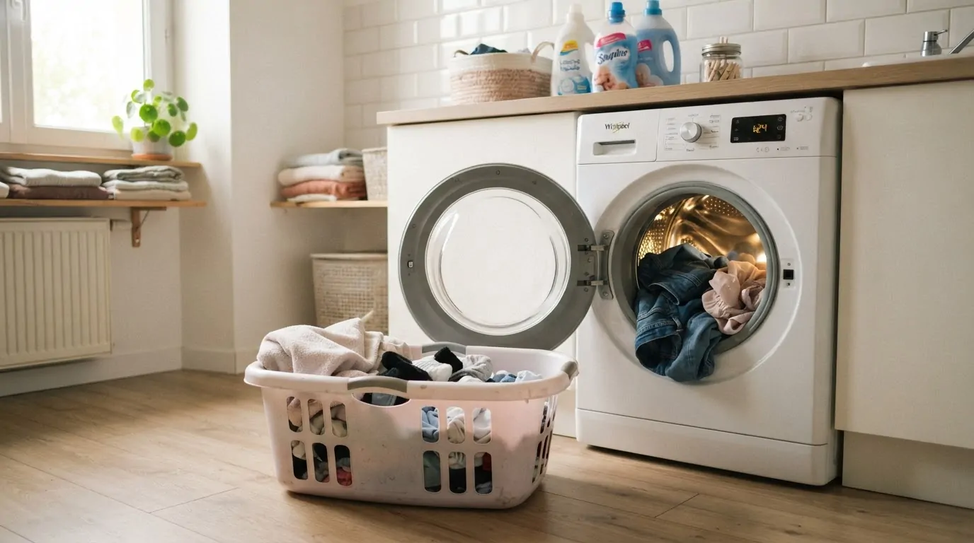 linge deteint rose buanderie Linge blanc légèrement teinté de rose posé devant une machine à laver ouverte