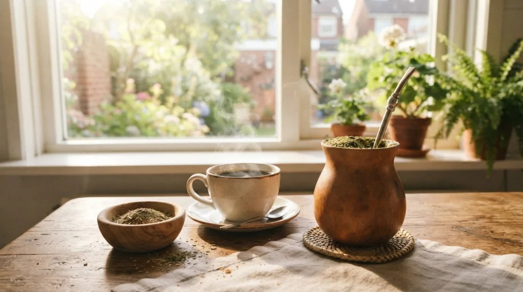 A gourd of mate with a bombilla placed next to a cup of coffee on a table