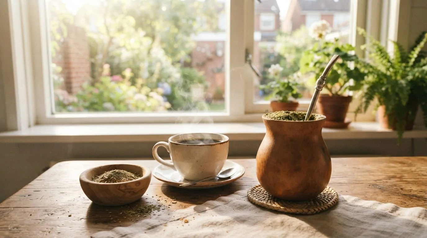 Maté alternative au café sur la table du matin Calebasse de maté avec bombilla posée à côté d'une tasse de café sur une table