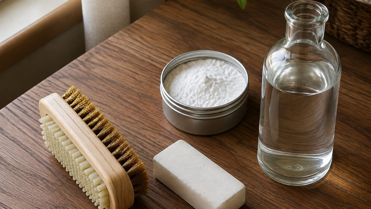 Brosse à daim, gomme, bicarbonate de soude et vinaigre blanc posés sur une table