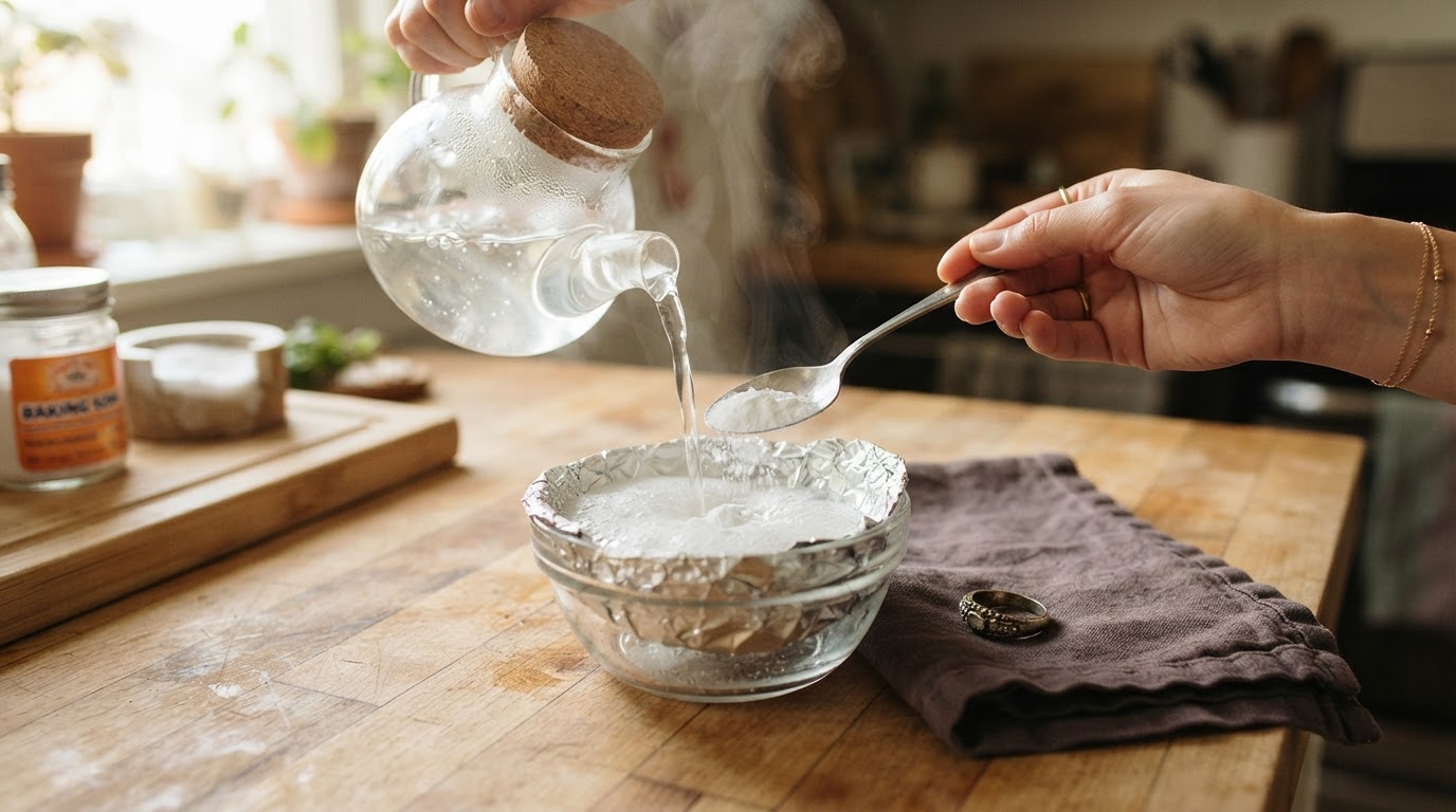 Méthode bicarbonate et papier aluminium pour argent Bol tapissé de papier aluminium avec bicarbonate de soude pour nettoyer un bijou en argent
