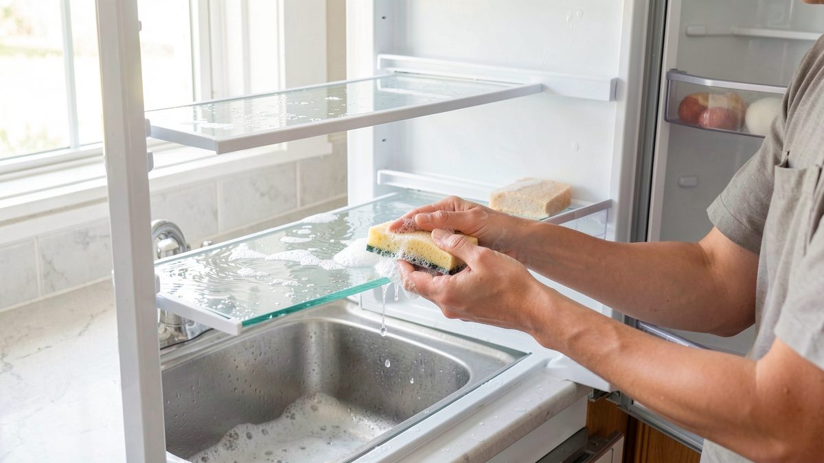 Nettoyage des clayettes de frigo étape par étape Lavage d'une clayette de réfrigérateur en verre à l'eau savonneuse dans un évier de cuisine