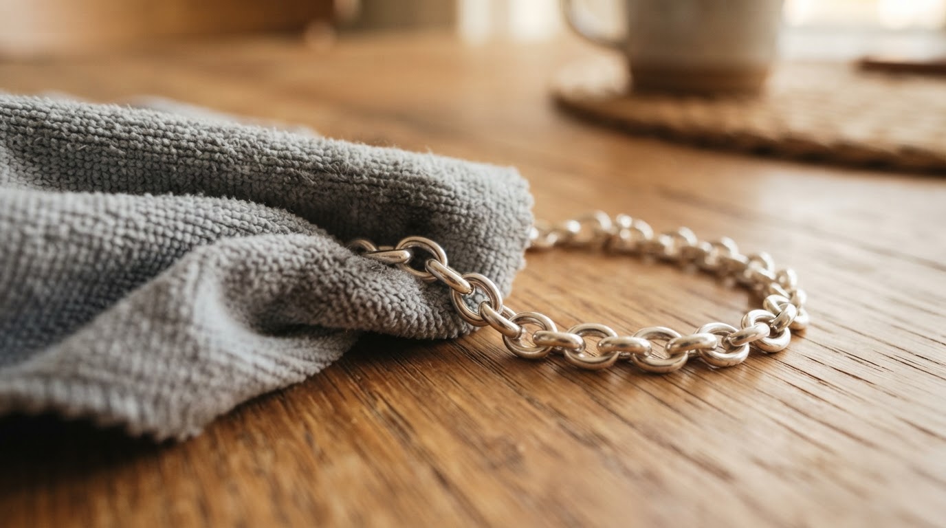 Nettoyage doux d'un bijou en argent Chiffon doux utilisé pour polir délicatement un bracelet en argent