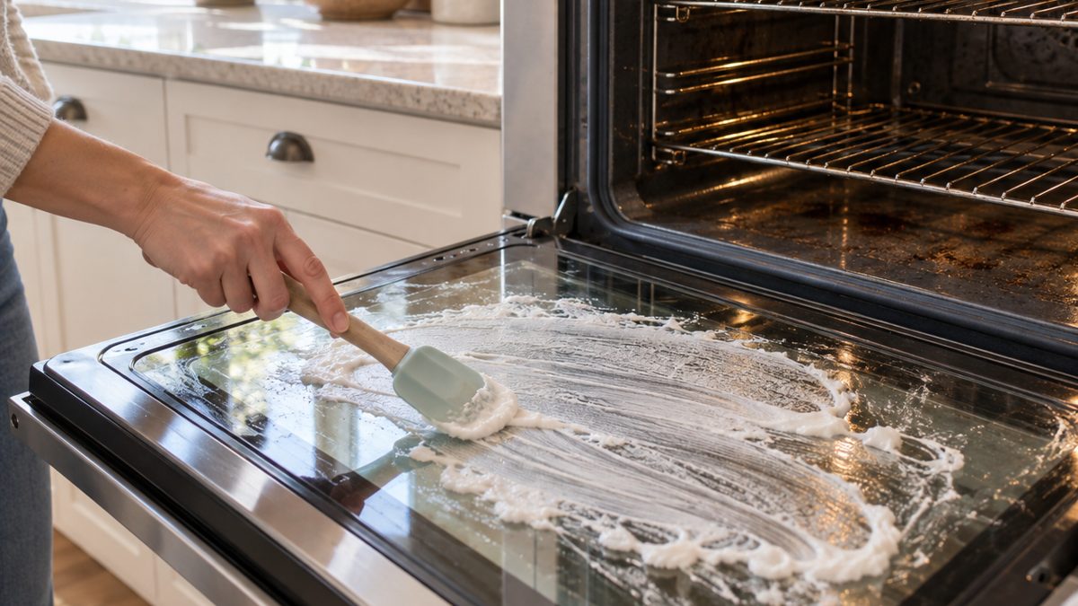 Nettoyer vitre four pâte bicarbonate Application d'une pâte de bicarbonate sur la vitre du four à l'aide d'une spatule