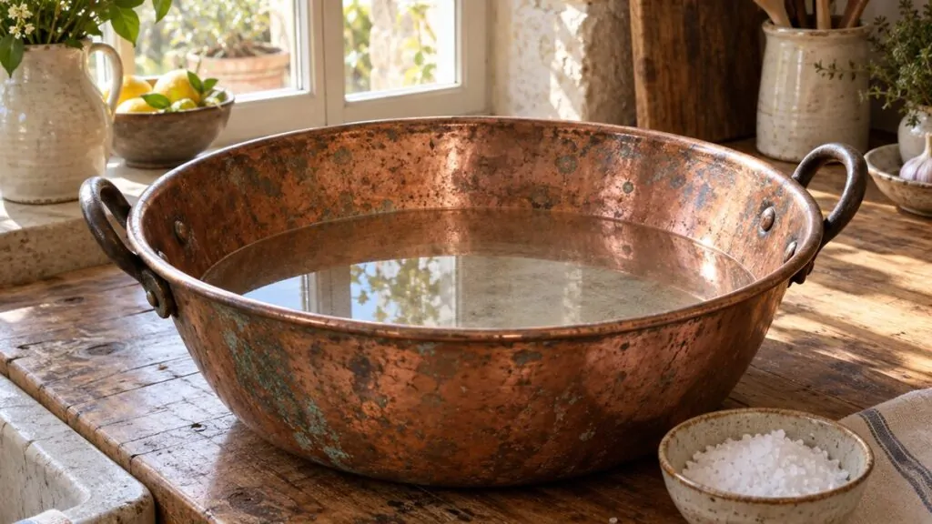 Bassine en cuivre terni trempant dans un bain de vinaigre blanc et de sel sur un plan de travail