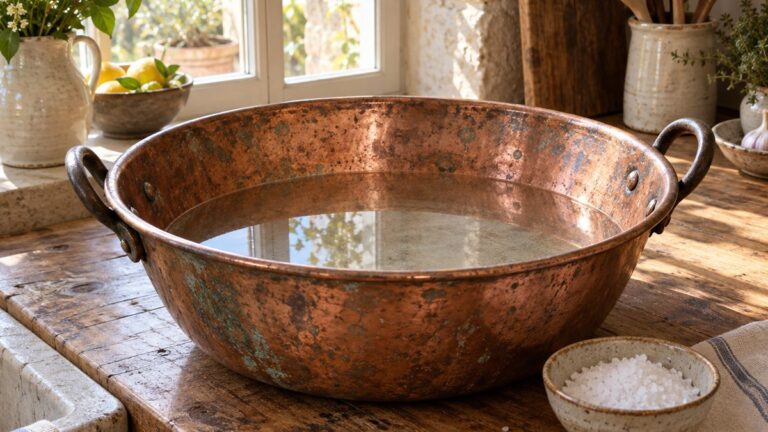 Nettoyer le cuivre sans frotter dans un bain de vinaigre Bassine en cuivre terni trempant dans un bain de vinaigre blanc et de sel sur un plan de travail