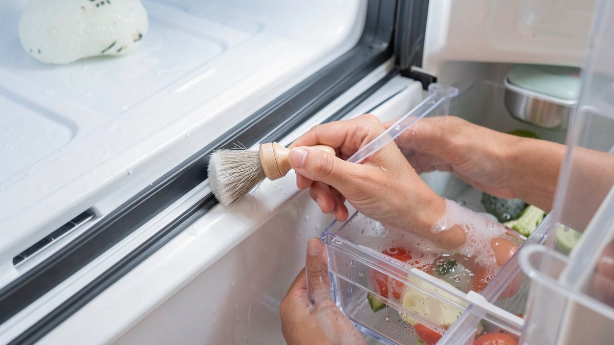 Nettoyer les joints et tiroirs du frigo en profondeur Nettoyage du joint en caoutchouc d'une porte de frigo avec une petite brosse souple