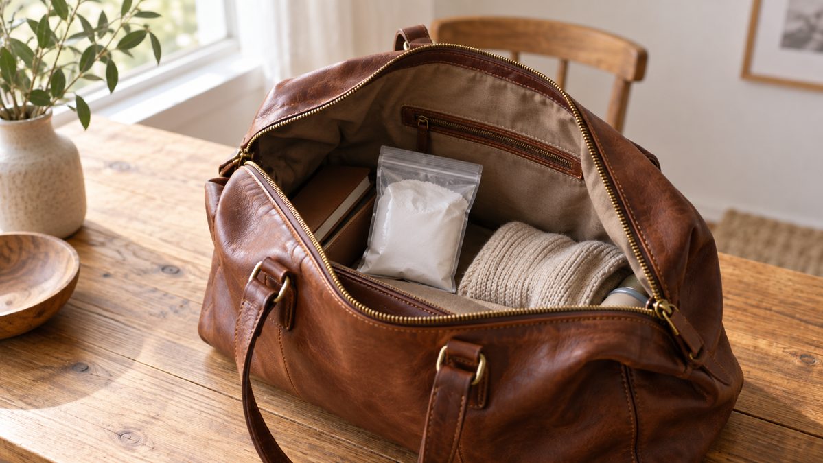 Nettoyer l'intérieur d'un sac en cuir Intérieur d'un sac en cuir ouvert avec un sachet de bicarbonate contre les odeurs