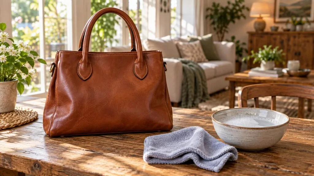 Sac en cuir posé près d'un chiffon doux et d'un bol d'eau savonneuse