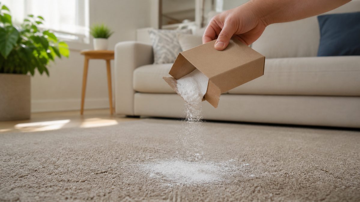 Nettoyer une moquette en profondeur au bicarbonate Bicarbonate de soude saupoudré à la main sur une moquette beige