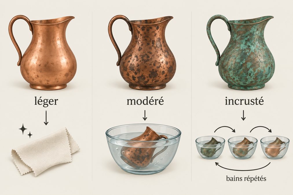 Niveaux d'oxydation du cuivre Schéma illustrant trois états du cuivre, ternissement léger, taches noires et vert-de-gris incrusté