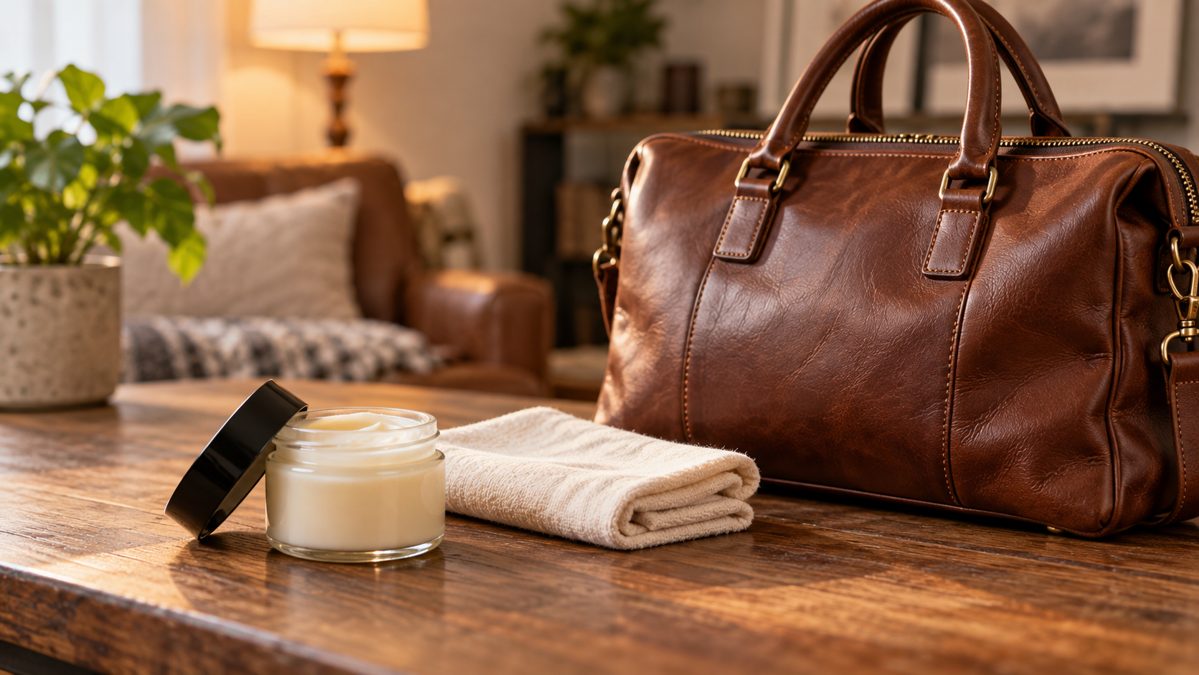Nourrir le cuir après nettoyage Crème nourrissante et chiffon en coton posés près d'un sac en cuir
