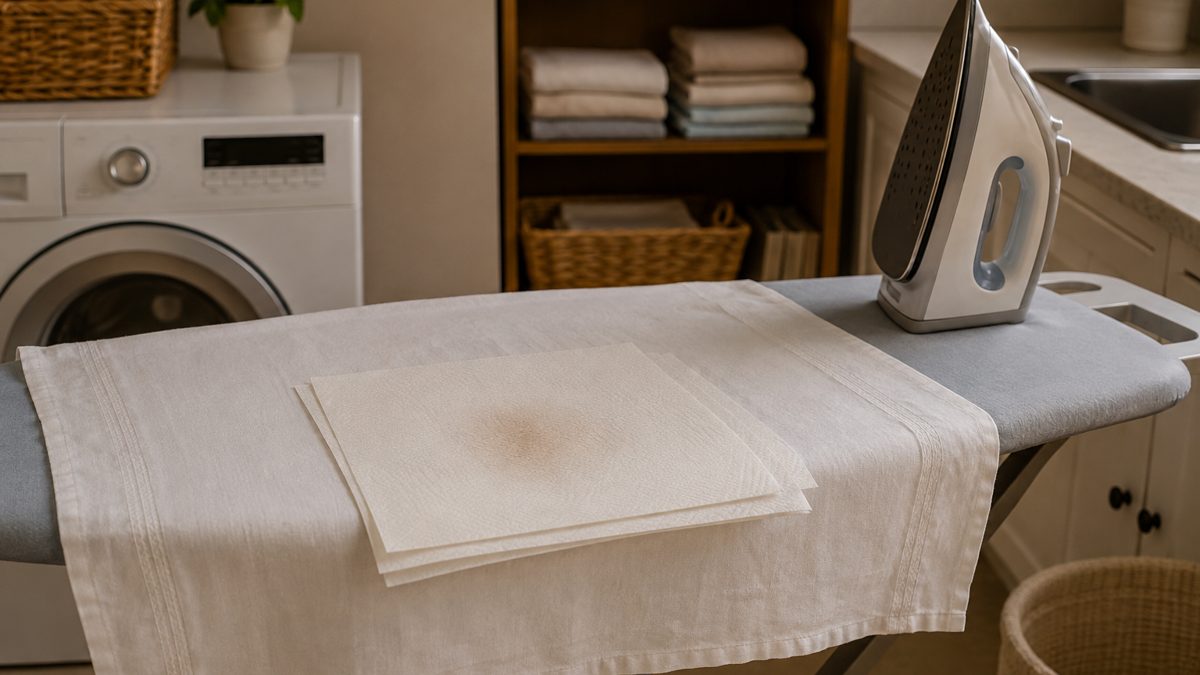 Papier absorbant et fer tiède sur un tissu taché Nappe posée sur une planche à repasser avec du papier absorbant sur une tache de cire