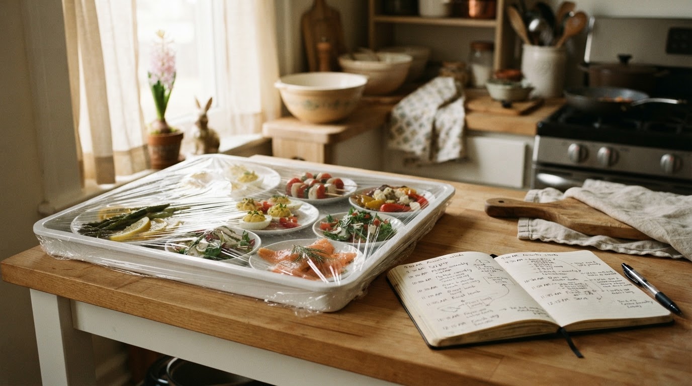 Planning de préparation de l'entrée Plan de travail de cuisine avec entrées préparées à l'avance et carnet de planning du repas de Pâques
