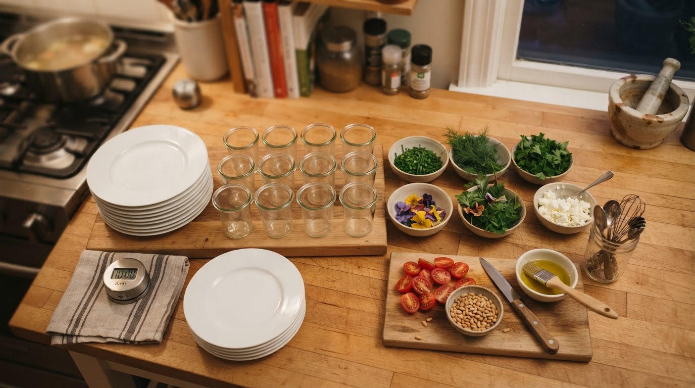 Préparer le dressage d'une entrée à l'avance Mise en place d'ingrédients prêts à dresser pour une entrée de dernière minute