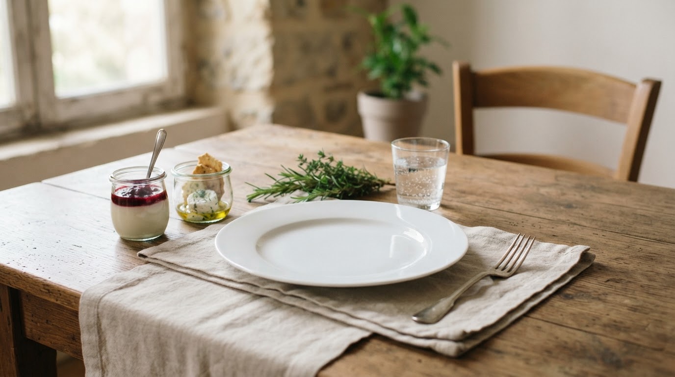 Présentation d'entrée à petit budget Assiette blanche unie et verrines recyclées pour une présentation soignée sans achat
