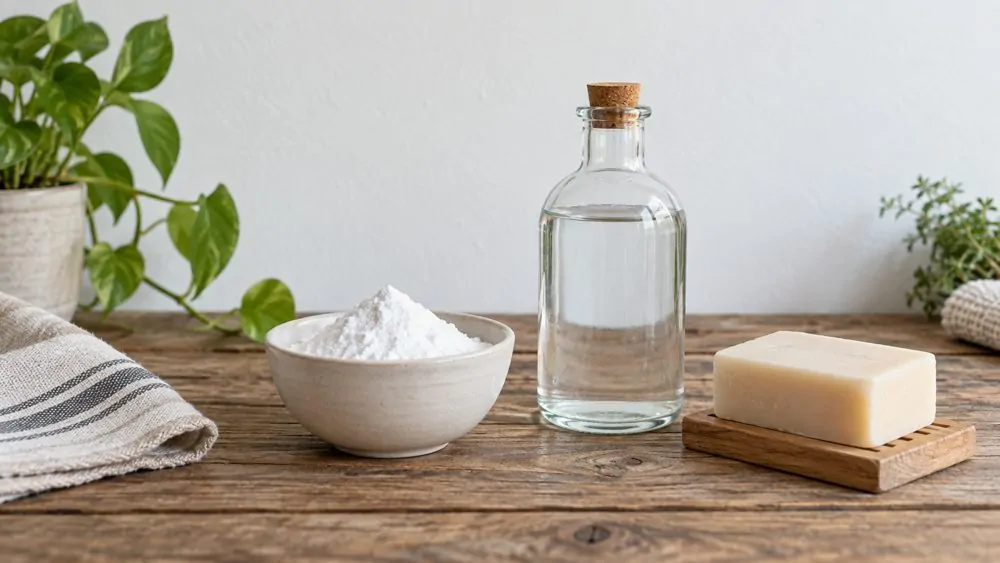 Bicarbonate, vinaigre blanc et savon de Marseille prêts pour nettoyer un mur