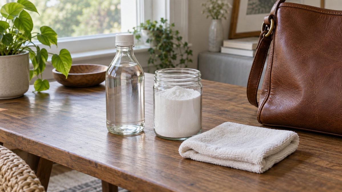 Produits naturels pour tache sur cuir Talc, vinaigre blanc et chiffon doux utilisés pour traiter une tache sur cuir