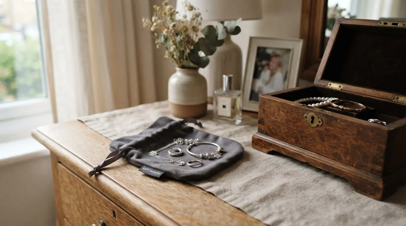 Pochette anti-oxydante contenant des bijoux en argent bien rangés