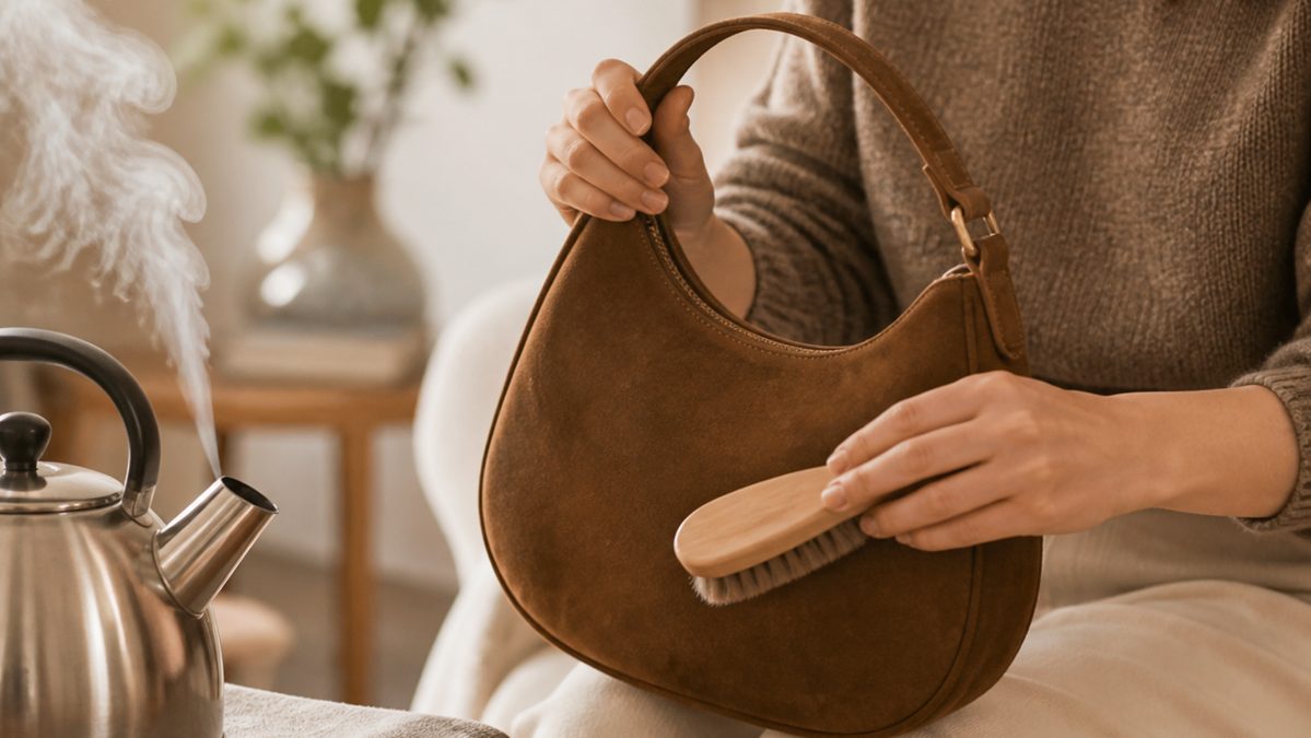 Sac en daim exposé à la vapeur puis brossé pour redresser le poil