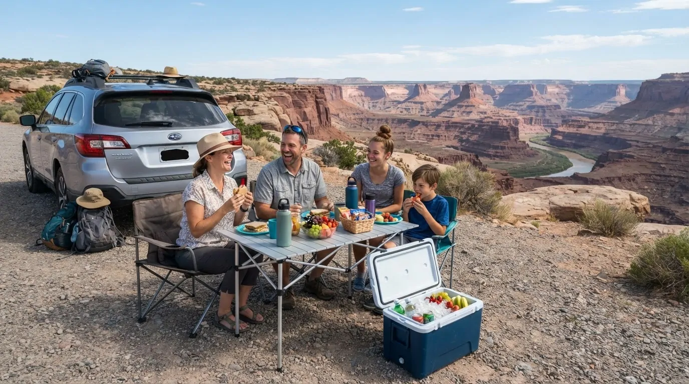 Roadtrip aux USA budget repas et glacière Famille pique-niquant près de sa voiture avec une glacière face à un paysage de canyon