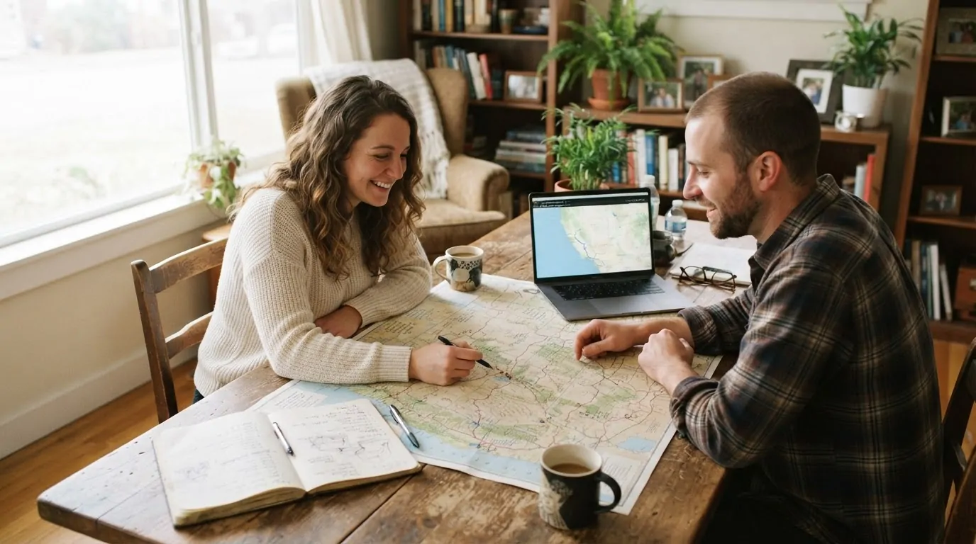 Roadtrip aux USA choisir sa région Couple préparant un itinéraire de voyage sur une grande carte de l'Ouest américain