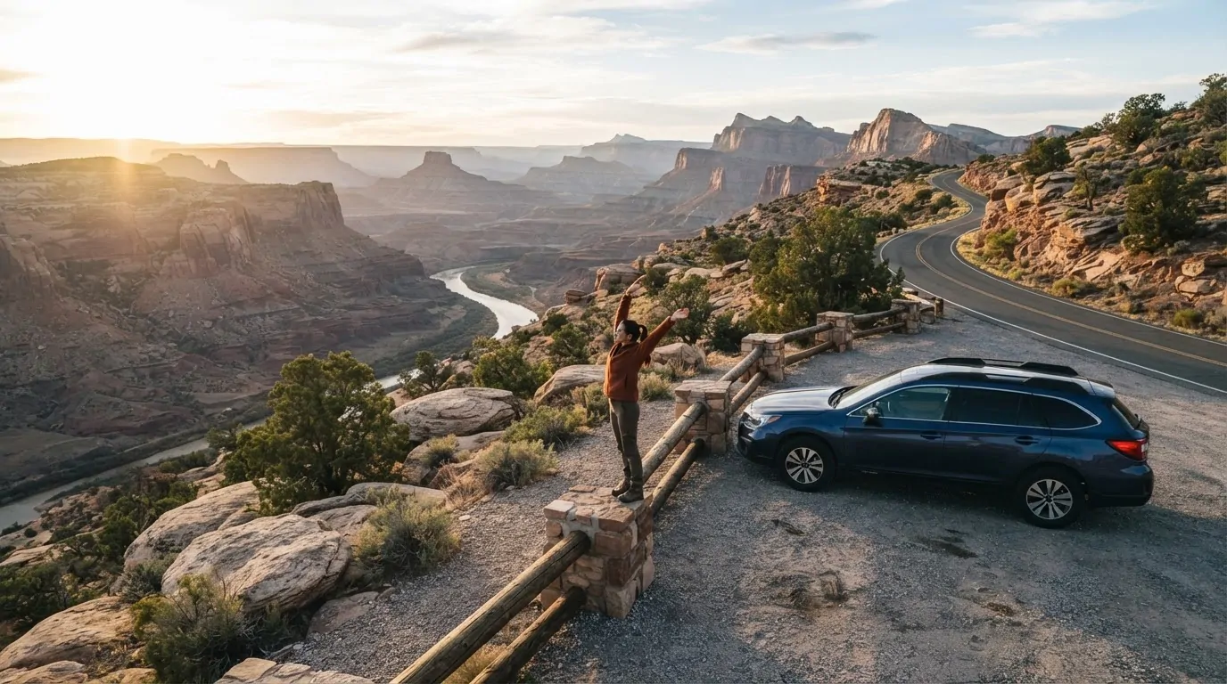 Roadtrip aux USA étapes de conduite réalistes Voyageur faisant une pause au bord d'une route panoramique face à un canyon américain