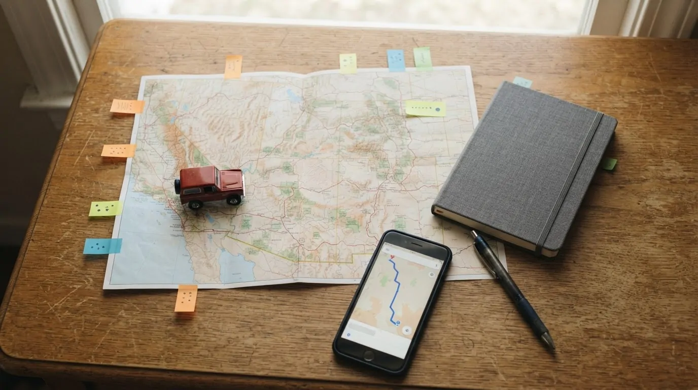 Roadtrip aux USA planning des réservations Carte routière de l'Ouest américain, notes et téléphone pour planifier les étapes d'un voyage