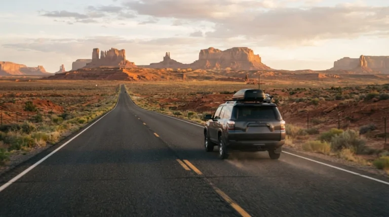 Roadtrip aux USA sur une route du désert Voiture de location roulant sur une route déserte du sud-ouest américain au coucher du soleil