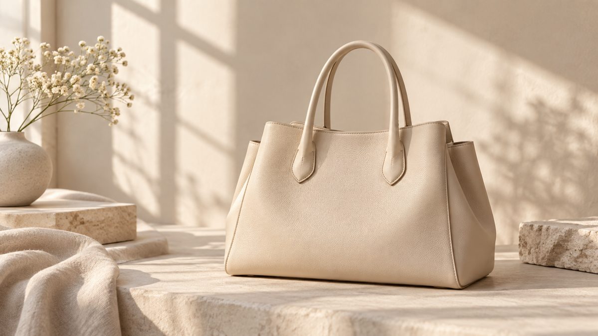 Sac en cuir clair entretien Sac en cuir clair posé en lumière naturelle avant un entretien délicat