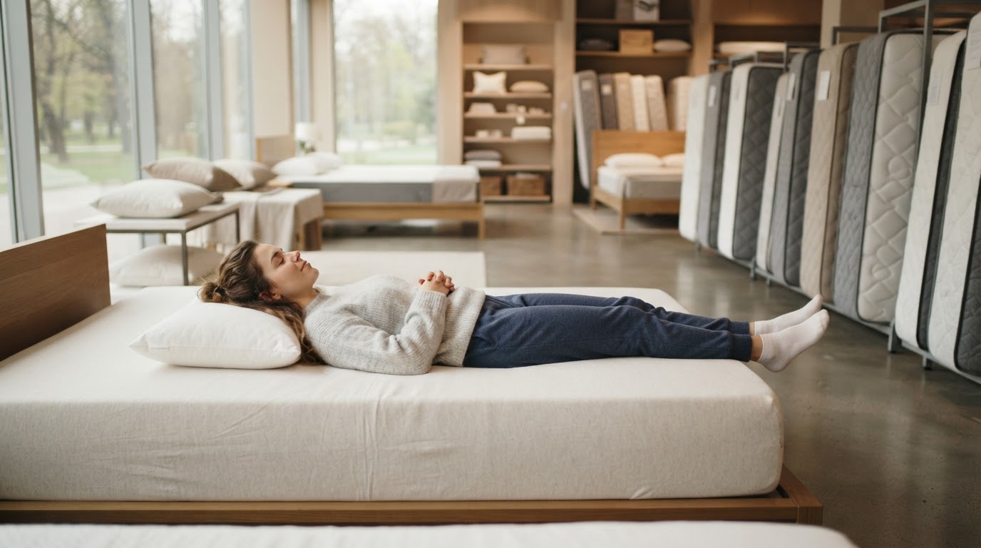 Tester le soutien d'un matelas allongé en magasin Femme allongée testant un matelas en position dos dans un magasin de literie
