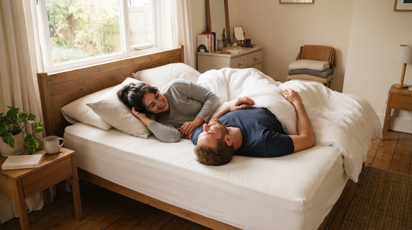 Tester un matelas 160x200 à deux avant l'achat Couple allongé côte à côte testant l'indépendance de couchage d'un matelas 160x200