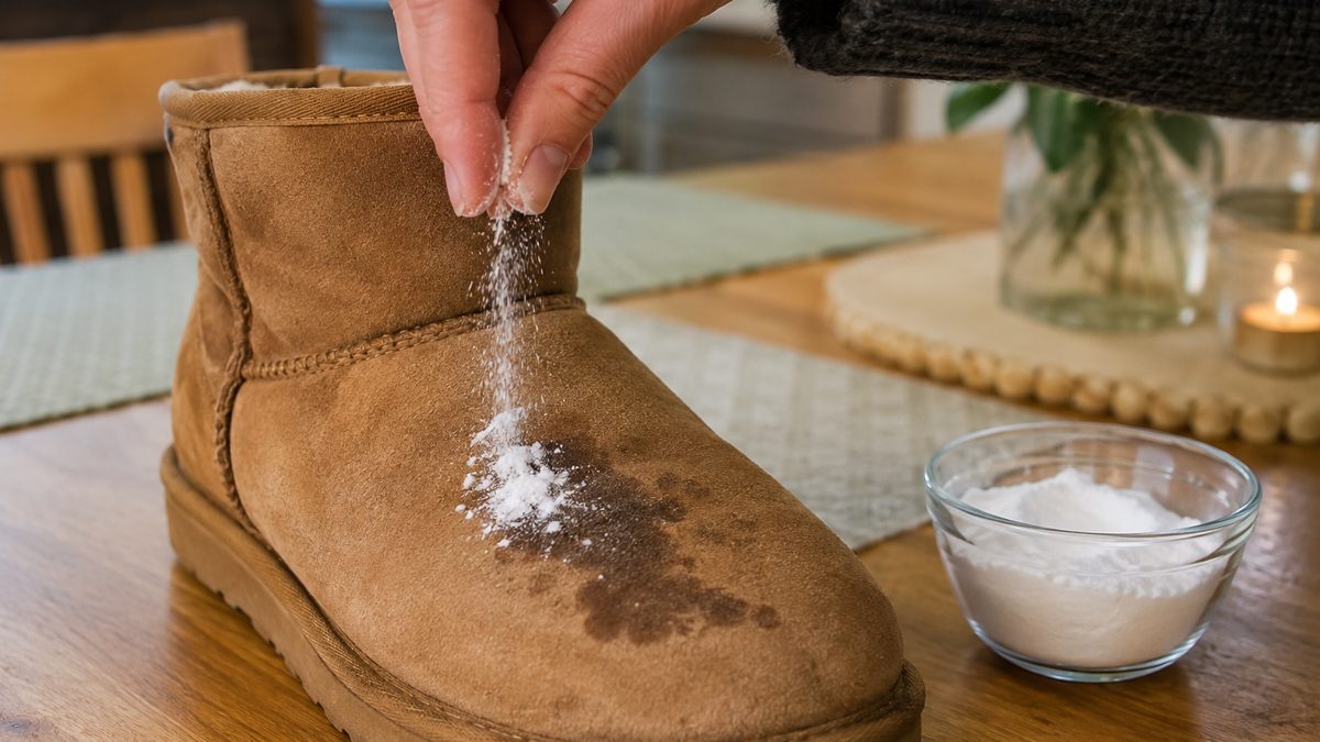 Poudre absorbante saupoudrée sur une tache de graisse fraîche d'une chaussure en daim