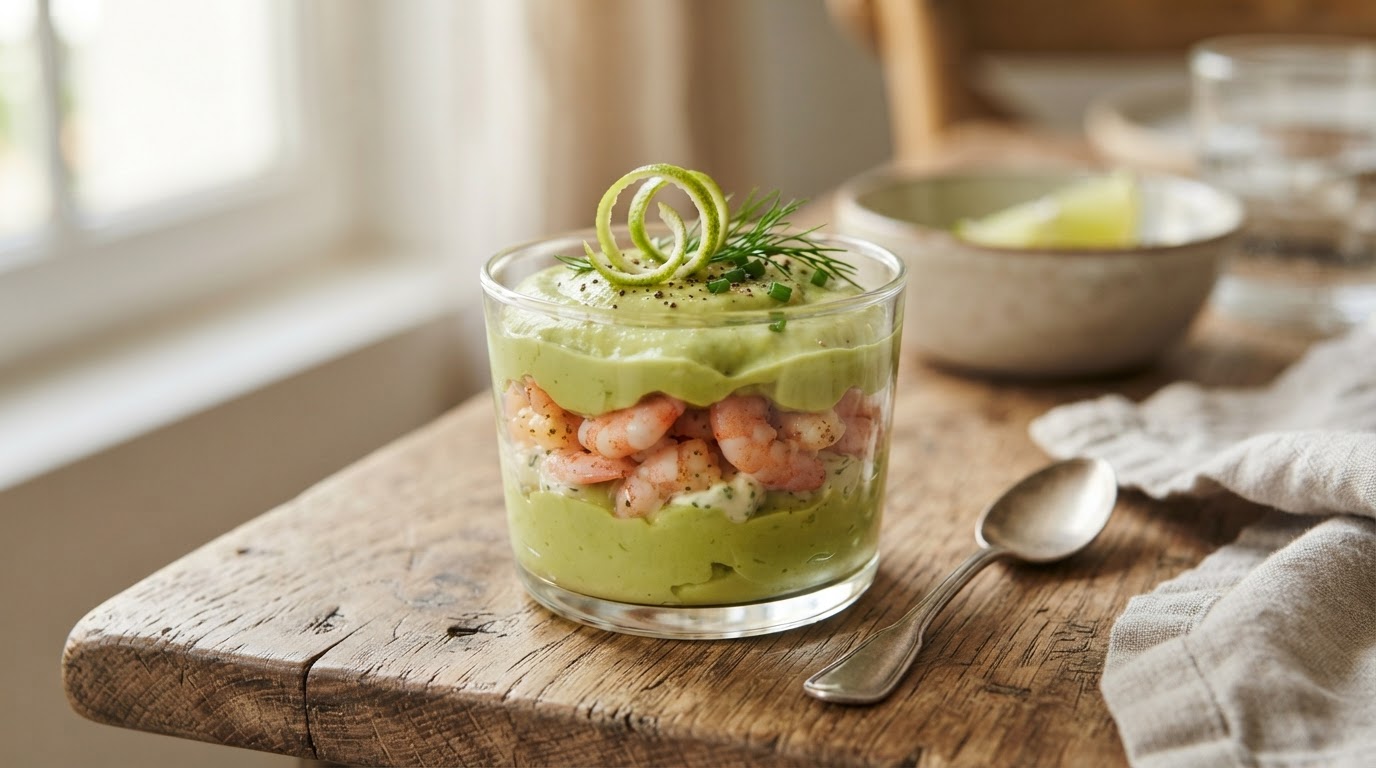 Verrine avocat crevettes dressée en couches Verrine avocat crevettes aux couches nettes, entrée froide facile et rapide à préparer