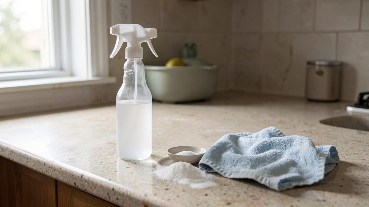 Vinaigre blanc et bicarbonate pour nettoyer le frigo Vaporisateur de vinaigre blanc, coupelle de bicarbonate de soude et chiffon sur un plan de travail