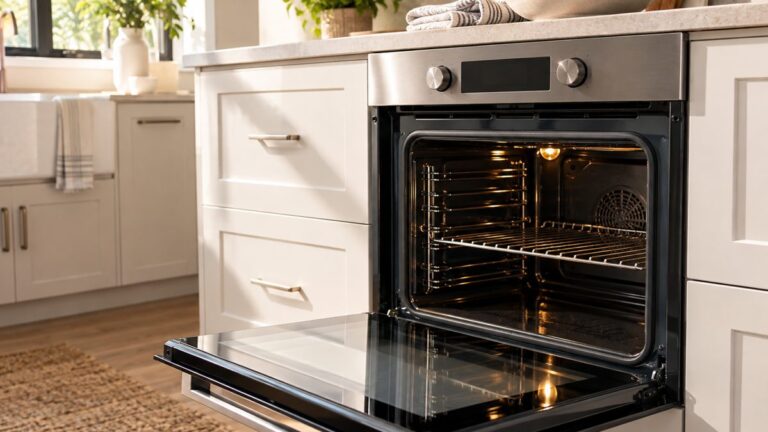Vitre de four propre dans une cuisine lumineuse Porte de four ouverte avec une vitre parfaitement propre dans une cuisine claire