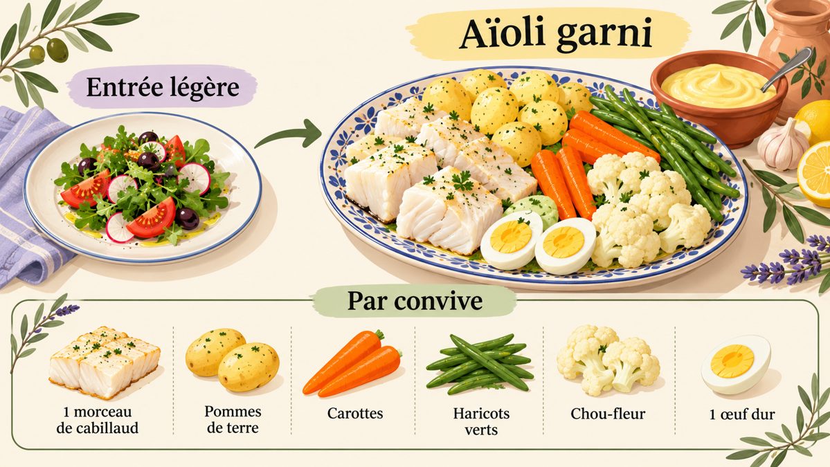 Aïoli garni : quantités par personne Schéma d'un menu avec entrée légère puis aïoli garni et portions par convive
