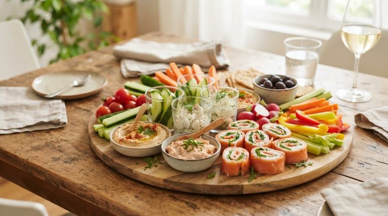 Plateau d'apéritif froid avec verrines, roulés au saumon fumé, houmous et crudités prêt à servir