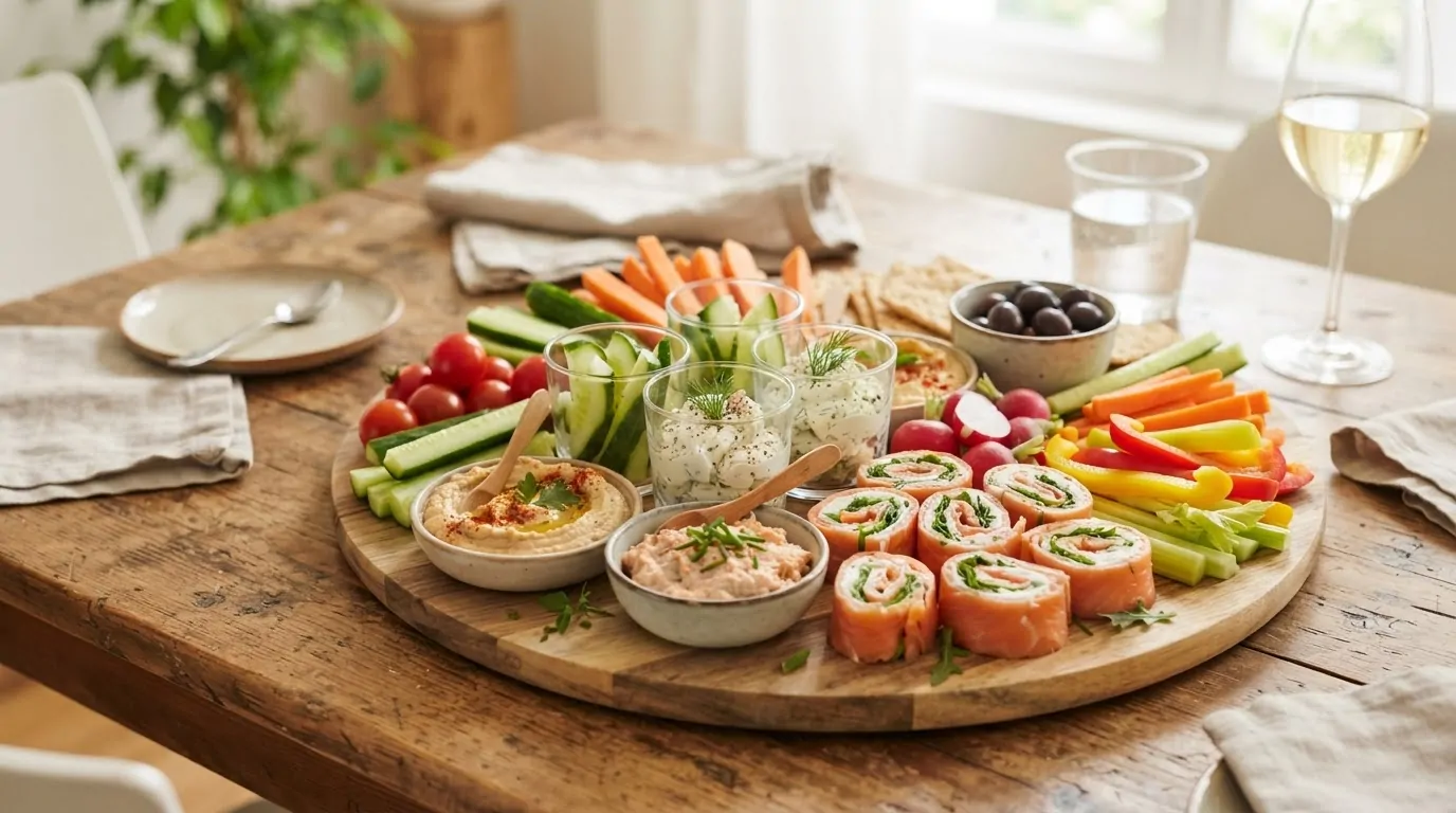 Plateau d'apéritif froid avec verrines, roulés au saumon fumé, houmous et crudités prêt à servir