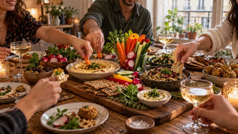Apéritif vegan : une table conviviale à partager Table d'amis autour d'un houmous, de crudités, de crackers et de falafels pour un apéritif vegan