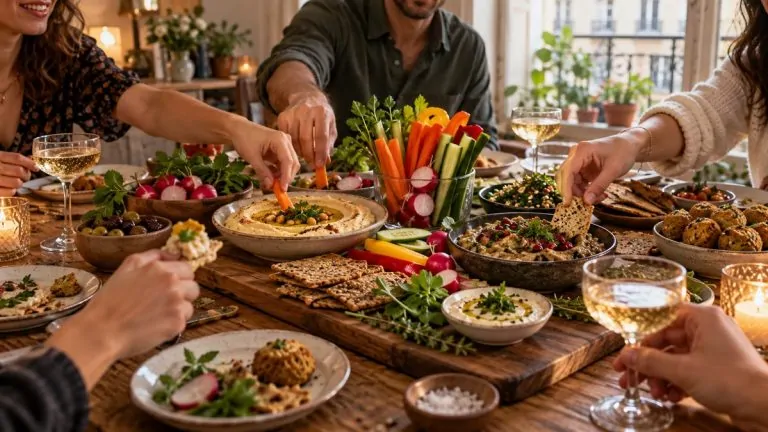 A table of friends around hummus, crudités, crackers and falafels for a vegan appetizer