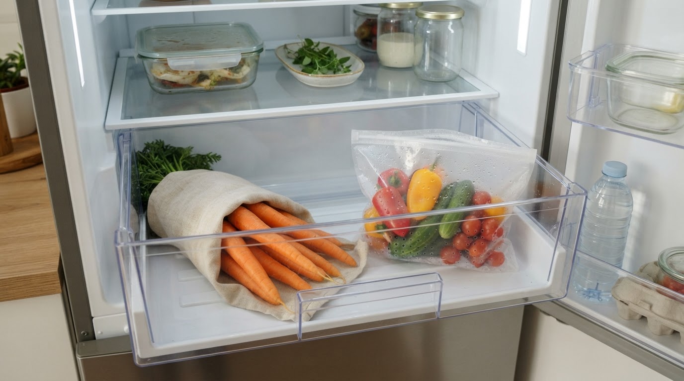 Bac à légumes avec carottes rangées Bac à légumes d'un réfrigérateur contenant des carottes enveloppées dans un torchon propre