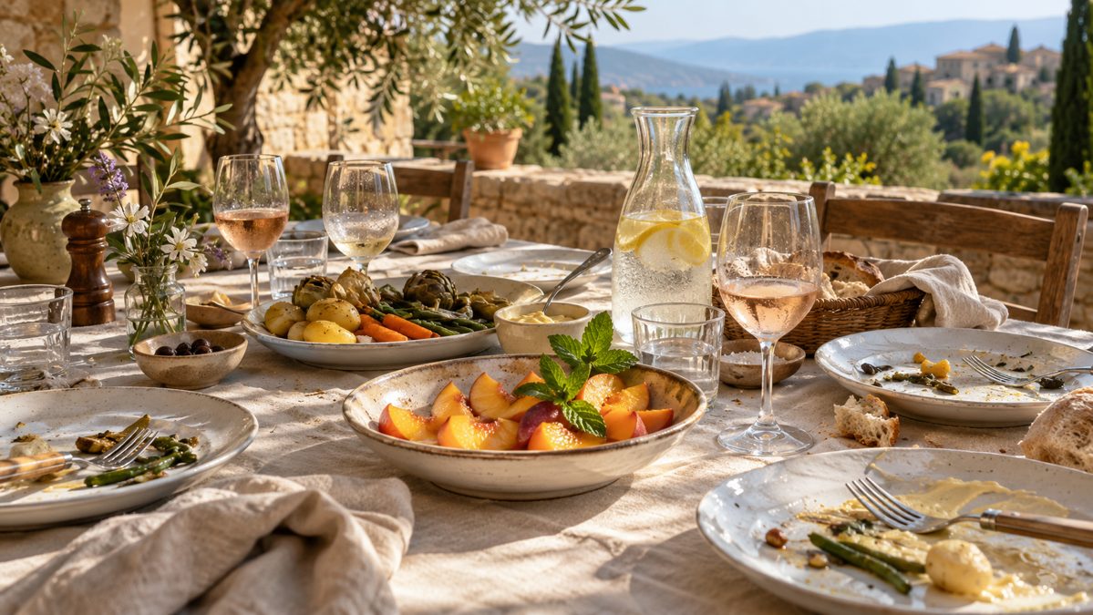 Boissons et dessert après un aïoli Verres de rosé et de vin blanc frais avec un dessert de pêches après un aïoli